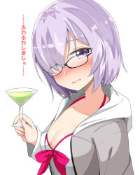 Rule 34 | 1girl, aikawa ryou, breasts, cleavage, collarbone, cup, drinking glass, fate/grand order, fate (series), from side, glasses, grey jacket, hair over one eye, highres, holding, hood, hooded jacket, jacket, light purple hair, looking at viewer, mash kyrielight, mash kyrielight (swimsuit of perpetual summer), medium breasts, official alternate costume, parted lips, pink hair, purple eyes, short hair, simple background, solo, swimsuit, translation request, white background