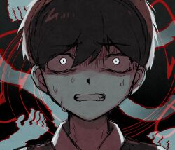 Rule 34 | 1boy, black hair, black sweater vest, clenched teeth, collared shirt, constricted pupils, fuji den fujiko, furrowed brow, hair between eyes, highres, official alternate eye color, omori, scared, shirt, short hair, solo, sunny (omori), sweat, sweater vest, teeth, upper body, white eyes, white shirt