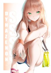 Rule 34 | 1girl, ankh, ass, bag, bare shoulders, bikini, bikini under clothes, blue shorts, bustier, camisole, closed mouth, copyright name, crossed arms, green eyes, gridman universe, highres, holding, holding phone, light brown hair, long hair, looking at viewer, micro shorts, minami yume, panties, pantyshot, phone, pink bikini, pink footwear, shorts, slippers, solo, squatting, ssss.dynazenon, swimsuit, thighs, underwear, upshorts, white camisole, wristband, zasshu