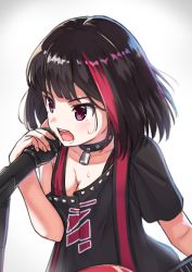 Rule 34 | 1girl, bang dream!, black collar, black hair, black shirt, blush, bob cut, breasts, cleavage, collar, collarbone, commentary request, electric guitar, fingernails, gradient background, grey background, guitar, hand up, highres, holding, holding microphone, instrument, lock, medium breasts, microphone, microphone stand, mitake ran, multicolored hair, open mouth, padlock, padlocked collar, print shirt, purple eyes, red hair, revision, shirt, shirt straps, short hair, short sleeves, solo, streaked hair, studded, sweat, tsukiman, upper body, v-shaped eyebrows, white background