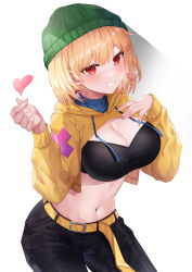 Rule 34 | 1girl, absurdres, alternate breast size, alternate costume, alternate hair length, alternate hairstyle, beanie, belt, black bustier, black pants, blonde hair, blush, breasts, bustier, cleavage, cropped jacket, deogho (liujinzy9854), drawstring, earrings, finger heart, green hat, grin, hand on own chest, hat, heart, heart earrings, highres, hood, hooded jacket, jacket, jewelry, jingburger, large breasts, long sleeves, looking at viewer, midriff, nail polish, navel, pants, pink nails, red eyes, short hair, simple background, smile, solo, stomach, virtual youtuber, waktaverse, white background, yellow belt, yellow jacket