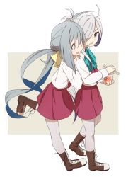Rule 34 | + +, 10s, 2girls, :q, ahoge, asashimo (kancolle), bad id, bad pixiv id, blue eyes, blue hair, blush, boots, bow, bowtie, brown footwear, chopsticks, coupon (skyth), cross-laced footwear, female focus, food, full body, grey eyes, grey hair, greyscale, hair over one eye, hair ribbon, hand on another&#039;s shoulder, kantai collection, kiyoshimo (kancolle), leg up, licking lips, long hair, low twintails, monochrome, multicolored hair, multiple girls, nissin cup noodle, noodles, pantyhose, ramen, red skirt, ribbon, school uniform, simple background, skirt, standing, sweatdrop, tongue, tongue out, twintails, uniform, very long hair, white background