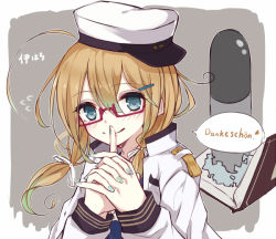 Rule 34 | 1girl, admiral (kancolle) (cosplay), admiral (kancolle), berukko, blonde hair, blush, book, cosplay, finger to mouth, german text, glasses, hair ornament, hairclip, hat, i-8 (kancolle), interlocked fingers, kantai collection, long sleeves, looking at viewer, low twintails, military, military uniform, nail art, naval uniform, peaked cap, red-framed eyewear, semi-rimless eyewear, smile, swimsuit, swimsuit under clothes, torpedo, translated, twintails, uniform