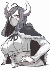 Rule 34 | 1girl, ahoge, aosora2823, blush, cape, curled horns, dinosaur girl, greyscale, high-waist skirt, highres, horns, long hair, mask, monochrome, mouth mask, one piece, pink eyes, skirt, solo, spot color, ulti (one piece)