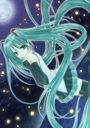Rule 34 | 1girl, aqua eyes, aqua hair, bad id, bad pixiv id, detached sleeves, dutch angle, hand on another&#039;s chest, hand on own chest, hatsune miku, long hair, moon, night, skirt, solo, thighhighs, twintails, very long hair, vocaloid, water, yurina