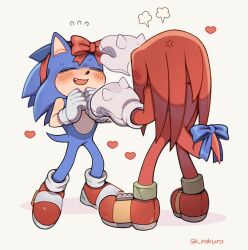 Rule 34 | 2boys, animal ears, artist name, blue bow, blue fur, blush, bow, closed eyes, furry, furry male, gloves, heart, highres, knuckles the echidna, multiple boys, open mouth, red bow, red footwear, red fur, simple background, sk rokuro, sonic (series), sonic the hedgehog, tail, tail bow, tail ornament, two-tone footwear, white background, white footwear, white gloves, yellow footwear