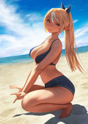 Rule 34 | 1girl, absurdres, barefoot, beach, blonde hair, blue bra, blue shorts, blue sky, bra, breasts, charles (106858), cleavage, closed mouth, dark-skinned female, dark skin, elf, full body, hair between eyes, hair ribbon, high ponytail, highres, hololive, large breasts, long hair, looking at viewer, looking to the side, multicolored hair, ocean, pointy ears, ponytail, red eyes, ribbon, sand, shiranui flare, shore, short shorts, shorts, sky, smile, solo, squatting, streaked hair, thighs, underwear, virtual youtuber, water