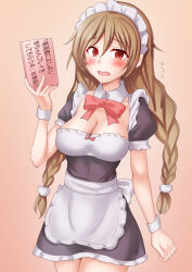 Rule 34 | 1girl, alternate costume, anti (untea9), apron, black dress, blush, book, braid, breasts, brown background, cleavage, cloud hair ornament, dress, embarrassed, enmaided, frilled apron, frilled dress, frills, gradient background, highres, kantai collection, light brown hair, long hair, looking at viewer, maid, maid apron, maid headdress, medium breasts, minegumo (kancolle), puffy short sleeves, puffy sleeves, red eyes, short sleeves, skirt, solo, twin braids, waist apron, white apron, wrist cuffs