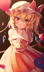 Rule 34 | 1girl, arms behind back, ascot, blonde hair, bow, brown background, collar, collarbone, collared shirt, cowboy shot, flandre scarlet, frilled collar, frills, hat, hat bow, highres, laevatein (touhou), light particles, looking at viewer, medium hair, mob cap, negita39, one side up, red bow, red eyes, red skirt, red vest, shirt, skirt, skirt set, smile, solo, touhou, vest, white hat, white shirt, yellow ascot