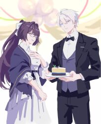 Rule 34 | 00quanta, 1boy, 1girl, absurdres, black suit, blue eyes, blurry, blurry background, bow, bowtie, cake, cake slice, collared shirt, couple, dress, food, formal, glasses, hair between eyes, hand on own chest, highres, holding, holding plate, honkai (series), honkai impact 3rd, kevin kaslana, looking at another, mei (honkai impact), plate, ponytail, purple eyes, purple hair, shirt, standing, suit, white bow, white dress, white hair