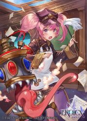 Rule 34 | 1girl, airi (eroica), apron, duster, eroica, hat, holding, holding duster, indoors, long hair, official art, paper, pink eyes, pink hair, solo, twintails, uniform, uonomeuroko, wide sleeves