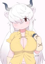 Rule 34 | 1girl, animal ear fluff, animal ears, breasts, brown eyes, bursting breasts, cleavage, commentary, extra ears, gloves, hair over one eye, highres, horns, kemono friends, large breasts, long hair, looking at viewer, low twintails, masuyama ryou, midriff peek, navel, one eye covered, ox ears, ox girl, ox horns, short sleeves, simple background, smile, solo, twintails, upper body, very long hair, white background, white hair, yak (kemono friends)