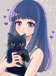 Rule 34 | 1girl, :3, animal, bare arms, bare shoulders, black cat, blue hair, blunt bangs, blunt ends, blush, cat, closed mouth, commentary, eyelashes, fingernails, furude rika, grey background, heart, highres, higurashi no naku koro ni, hime cut, holding, holding animal, holding cat, long hair, looking at viewer, nauka, purple eyes, sidelocks, sleeveless, solo, straight hair, symbol-only commentary, upper body