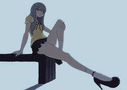 Rule 34 | 1girl, arm support, artist request, bench, black footwear, black skirt, blue background, character request, copyright request, full body, grey hair, high heels, long hair, looking at viewer, mary janes, pleated skirt, puffy short sleeves, puffy sleeves, shoes, short sleeves, skirt, socks, solo, white socks