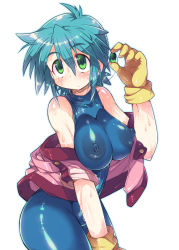 Rule 34 | 1girl, allenby beardsley, bare shoulders, blue bodysuit, blue hair, blush, bodysuit, breasts, covered erect nipples, g gundam, gloves, green eyes, gundam, impossible bodysuit, impossible clothes, kanibasami, large areolae, large breasts, looking at viewer, nipples, short hair, skin tight, solo, sunrise (company), sweat, thighs, yellow gloves