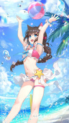 Rule 34 | 1girl, :d, absurdres, animal ear fluff, animal ears, arm strap, armpits, arms up, beach, bikini, bikini skirt, blue bow, blue eyes, blue sky, bow, braid, braided ponytail, brown hair, cloud, commission, copyright request, day, feet out of frame, flower, frilled bikini, frills, hair bow, hair flower, hair ornament, hairclip, highres, long hair, looking away, open mouth, outdoors, palm leaf, red bow, sky, smile, solo, standing, swimsuit, very long hair, volleyball net, wrist cuffs, ziyue