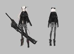 Rule 34 | 1girl, armor, armored boots, black pantyhose, black skirt, boots, capelet, closed mouth, full body, green eyes, grey background, grey hair, headgear, heavily armed high school girls, holster, ichi (heavily armed high school girls), ichi another (heavily armed high school girls), jacket, long hair, long sleeves, miniskirt, multiple views, neco, original, pantyhose, pleated skirt, science fiction, sheath, sheathed, simple background, sketch, skinny, skirt, sword, thigh holster, weapon