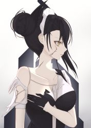 Rule 34 | 1girl, absurdres, agent (girls&#039; frontline), android, artificial skin, asymmetrical hair, bad id, bad pixiv id, black hair, collarbone, covering privates, covering breasts, cracked skin, damaged, double bun, dress, emblem, eyeliner, eyeshadow, girls&#039; frontline, gloves, gradient background, grey background, hair bun, hair ornament, half gloves, highres, lips, looking to the side, maid headdress, makeup, parted lips, sangvis ferri, shirt, short hair with long locks, sidelocks, skin seam, solo, thomas 8000, torn clothes, torn dress, torn shirt, tsurime, upper body, yellow eyes