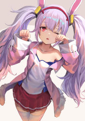 Rule 34 | 1girl, ;o, animal ears, azur lane, breasts, camisole, clenched hands, collarbone, commentary, cowboy shot, fake animal ears, fur-trimmed jacket, fur trim, hair between eyes, hair ornament, hairband, highres, jacket, laffey (azur lane), long hair, long sleeves, looking at viewer, off-shoulder jacket, off shoulder, one eye closed, open clothes, open jacket, pink jacket, pleated skirt, rabbit ears, red eyes, red hairband, red skirt, rubbing eyes, sidelocks, simple background, single bare shoulder, skirt, sl86, small breasts, solo, standing, strap slip, thighhighs, twintails, very long hair, w arms, white camisole, white hair, white thighhighs, zettai ryouiki