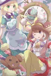 Rule 34 | 2girls, 343rone, absurdres, brown hair, buneary, commentary request, creatures (company), dress, egg, eyelashes, falling petals, game freak, gen 4 pokemon, gen 8 pokemon, green dress, grey eyes, hairband, hand up, hat, hat ribbon, highres, lillie (pokemon), lillie (special costume) (pokemon), may (pokemon), may (spring 2021) (pokemon), medium hair, multiple girls, nintendo, official alternate costume, open mouth, pantyhose, petals, pink footwear, pokemon, pokemon (creature), pokemon masters ex, purple ribbon, ribbon, shoes, short sleeves, sinistea, tongue, twitter username, white headwear, wrist cuffs, yellow hairband, yellow legwear
