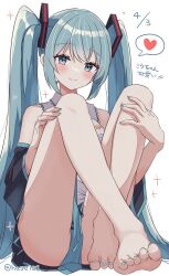 Rule 34 | 1girl, absurdres, aqua eyes, aqua hair, aqua nails, aqua necktie, bare legs, barefoot, blush, breasts, commentary, covering crotch, covering privates, dated, hair ornament, hasei (hasei01), hatsune miku, heart, highres, knees up, long hair, miniskirt, nail polish, necktie, off shoulder, simple background, sitting, skirt, small breasts, smile, speech bubble, spoken heart, thighs, translated, twintails, twitter username, vocaloid, white background