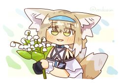 Rule 34 | 1girl, animal ear fluff, animal ears, arknights, artist name, bare shoulders, black collar, black gloves, blonde hair, blush, clothing cutout, collar, colored tips, commentary, cropped torso, flower, fox ears, fox girl, fox tail, gloves, green eyes, highres, holding, holding flower, infection monitor (arknights), kitsune, kyuubi, lcron, lily of the valley, looking at viewer, material growth, multicolored hair, multiple tails, name connection, object namesake, open mouth, oripathy lesion (arknights), short hair, short sleeves, shoulder cutout, single glove, single wrist cuff, solo, suzuran (arknights), tail, twitter username, two-tone hair, white hair, wrist cuffs