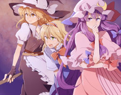 3girls alice_margatroid bad_id bad_pixiv_id blonde_hair bow brown_eyes capelet crescent female_focus fingerless_gloves gloves hair_bow hairband hat kirisame_marisa kutsushita kutsushita_(tokati_r) long_hair multiple_girls patchouli_knowledge purple_eyes purple_hair short_hair touhou witch witch_hat yellow_eyes