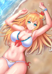 Rule 34 | 1girl, :q, ahoge, armpits, arms up, bare arms, bare shoulders, beach, bead bracelet, beads, bikini, blonde hair, blue eyes, bracelet, braid, breasts, cleavage, closed mouth, day, flower, front-tie bikini top, front-tie top, groin, hair flower, hair ornament, hairband, halterneck, jewelry, lace trim, large breasts, long hair, looking at viewer, naughty face, navel, nezumi (09261377), outdoors, pecorine (princess connect!), pecorine (summer) (princess connect!), princess connect!, side-tie bikini bottom, smile, solo, split mouth, stomach, string bikini, swimsuit, thighs, tongue, tongue out, water, white bikini