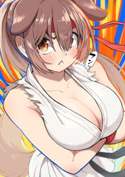 Rule 34 | 1girl, :&lt;, alternate breast size, animal ears, breast hold, breasts, brown eyes, brown hair, cleavage, commentary request, cosplay, crossed arms, dog ears, dog girl, dog tail, dougi, eyes visible through hair, frown, headband, highres, hololive, inugami korone, large breasts, long hair, ponytail, red headband, ryu (street fighter), ryu (street fighter) (cosplay), sabaku chitai, solo, street fighter, tail, torn clothes, upper body, v-shaped eyebrows, virtual youtuber