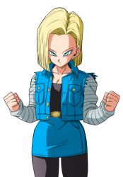 Rule 34 | 1girl, android 18, blonde hair, blue eyes, blue skirt, bob cut, breasts, cleavage, closed mouth, cowboy shot, dragon ball, dragonball z, earrings, feet out of frame, female focus, groin, hands up, highres, hoop earrings, jacket, jewelry, legs, looking at viewer, medium hair, pantyhose, raglan sleeves, serious, simple background, skirt, solo, standing, thighs, transparent background, yamamoto doujin