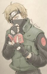 Rule 34 | 1boy, abbey aikawa, artist name, blonde hair, blue eyes, book, commentary request, cosplay, covered mouth, fingerless gloves, forehead protector, gloves, hand on own chin, hands up, hatake kakashi, hatake kakashi (cosplay), high collar, highres, holding, holding book, jacket, long sleeves, looking down, male focus, mask, naruto (series), one eye covered, one piece, open book, pouch, reading, sanji (one piece), short hair, sidelocks, solo, upper body, vest