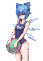 Rule 34 | 1girl, absurdres, ball, bare legs, beachball, blue bow, blue eyes, blue hair, blue one-piece swimsuit, blush, bow, breasts, character name, chinese commentary, cirno, collarbone, covered navel, cowboy shot, detached wings, hair between eyes, hair bow, highres, holding, holding ball, holding beachball, ice, ice wings, light blue hair, looking at viewer, morinosuke, name tag, one-piece swimsuit, open mouth, school swimsuit, short hair, simple background, sleeveless, small breasts, solo, swimsuit, thighs, touhou, white background, wings