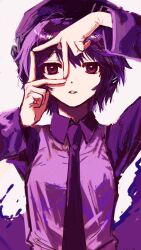Rule 34 | 1girl, arm up, beret, breasts, collared shirt, dot nose, expressionless, finger frame, hand up, hat, headphones, highres, jitome, long sleeves, looking at viewer, medium breasts, monochrome, necktie, parted lips, purple theme, raised eyebrows, romaji commentary, saxion, shirt, short hair, solo, straight-on, swept bangs, upper body, utane uta, utau, vest, white background