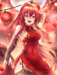 Rule 34 | 1girl, bare shoulders, breasts, bridal gauntlets, china dress, chinese clothes, chinese new year, dress, elesis (elsword), elsword, fi-san, fireworks, garter straps, highres, long hair, open mouth, ponytail, red eyes, red hair, sideboob, solo, thighhighs