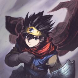 Rule 34 | 1boy, belt, black eyes, black hair, cape, circlet, closed mouth, dragon quest, dragon quest iii, gloves, highres, jun (navigavi), looking at viewer, male focus, roto (dq3), shield, simple background, solo