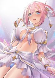 Rule 34 | 1girl, absurdres, bare shoulders, blue eyes, blush, braid, braided hair rings, breasts, cleavage, criss-cross halter, hair between eyes, hair ribbon, hair rings, halterneck, highres, large breasts, looking at viewer, minawa (hemo), navel, open mouth, paid reward available, pink hair, princess connect!, ribbon, short hair, skirt, smile, solo, twin braids, white skirt, yui (ceremonial) (princess connect!), yui (princess connect!)