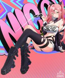 Rule 34 | 1girl, absurdres, asymmetrical legwear, black footwear, black ribbon, black thighhighs, blush, boots, breasts, character name, crop top, cuffs, earrings, hair between eyes, hair ornament, hair ribbon, hairclip, handcuffs, heart, heart earrings, highres, jewelry, large breasts, long hair, mole, mole on breast, mole under eye, multicolored nails, na2cl, nail polish, nicole demara, o-ring, open clothes, parted lips, ribbon, short shorts, shorts, single sock, single thighhigh, sitting, socks, solo, thigh strap, thighhighs, very long hair, zenless zone zero