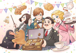 Rule 34 | 2boys, 2girls, black hair, blonde hair, blue eyes, blush, bow, bowtie, bread, brown hair, cookie, cup, facial hair, fantastic beasts and where to find them, food, freckles, green eyes, harry potter (series), heart, jacob kowalski, multiple boys, multiple girls, mustache, necktie, newt scamander, niffler, nightcat, open mouth, porpentina goldstein, queenie goldstein, scarf, simple background, teacup, teapot, teeth, wand, white background, wizarding world