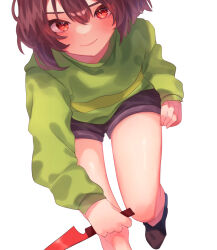 Rule 34 | 1other, androgynous, bent over, blush, bob cut, brown footwear, brown hair, brown shorts, chara (undertale), closed eyes, commentary, dutch angle, foot out of frame, foot up, godouyu (neisukun), green sweater, hair between eyes, highres, holding, holding knife, knife, leaning forward, long sleeves, looking at viewer, red eyes, reverse grip, running, short hair, short shorts, shorts, simple background, single horizontal stripe, smile, solo, sweater, two-tone sweater, undertale, v-shaped eyebrows, white background