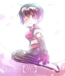 Rule 34 | 1girl, belt, black hair, blush, breasts, choker, elbow gloves, gloves, midriff, one eye closed, purple eyes, rutee katrea, shoes, short hair, short shorts, shorts, smile, tales of (series), tales of destiny, thighhighs, wink