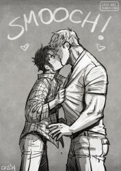 Rule 34 | 2boys, bad id, bad tumblr id, bara, blush, closed eyes, collared shirt, couple, cris art, denim, english text, feet out of frame, from side, greyscale, hulkling, jeans, kiss, long sideburns, male focus, marvel, monochrome, multiple boys, pants, shirt, shirt tug, short hair, sideburns, toned, toned male, wiccan, yaoi