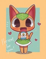 Rule 34 | absurdres, animal crossing, animal ears, blush, box, cat, cat ears, cat girl, cat tail, dress, english text, fang, furry, furry female, gem, gift, gift box, green dress, haippp, heart, highres, holding, holding gift, leaf, nintendo, open mouth, orange fur, tail, tangy (animal crossing)