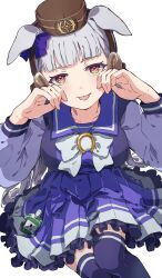 Rule 34 | 1girl, :p, animal ears, bow, brown hat, commentary request, ear bow, ears down, gold ship (umamusume), grey hair, hat, highres, horse ears, horse girl, horse tail, komeko97, long sleeves, looking at viewer, pillbox hat, pleated skirt, purple bow, purple serafuku, purple shirt, purple skirt, purple thighhighs, sailor collar, school uniform, serafuku, shirt, simple background, skirt, solo, tail, thighhighs, tongue, tongue out, tracen school uniform, umamusume, white background, white bow, winter uniform, yellow eyes