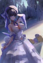 Rule 34 | 1girl, absurdres, azur lane, bare shoulders, blue eyes, blue hair, bow, breasts, cheshire (azur lane), cheshire (the cat and the white steed) (azur lane), cleavage, detached sleeves, dress, forest, hair bow, highres, large breasts, long dress, long hair, looking at viewer, manjuu (azur lane), multicolored hair, nature, official alternate costume, purple bow, purple hair, snow, snowman, solo, sore watasino, strapless, strapless dress, two-tone hair, white dress, white headwear