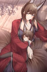 Rule 34 | 2girls, absurdres, amagi-chan (azur lane), amagi (azur lane), animal ears, azur lane, bare shoulders, between legs, blush, breasts, brown hair, closed eyes, cuddling, eyeshadow, fox ears, fox girl, fox tail, from above, hair between eyes, hair ornament, hairpin, hand on another&#039;s back, hand on own cheek, hand on own face, hand up, head on chest, highres, hug, japanese clothes, kimono, kitsune, large breasts, leg up, long hair, long sleeves, looking at viewer, looking up, lying, makeup, multiple girls, multiple tails, off shoulder, on floor, on side, pantyhose, purple eyes, red eyeshadow, red kimono, samip, sleeping, sleeping on person, smile, tail, tatami, thighhighs, very long hair, wide sleeves