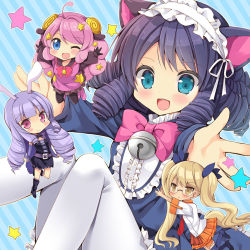 Rule 34 | 10s, 4girls, :&gt;, :&lt;, :d, ;d, ahoge, animal ears, bad id, bad pixiv id, bell, belt, black gloves, black legwear, blonde hair, blue background, blue eyes, blush, boots, bow, bowtie, cat ears, chibi, chuchu (show by rock!!), cyan (show by rock!!), dress, drill hair, frown, glasses, gloves, hairband, highres, horns, long hair, looking at viewer, maid headdress, moa (show by rock!!), mori airi, multiple girls, one eye closed, open mouth, outstretched arms, pink eyes, pink hair, pleated skirt, purple hair, rabbit ears, retoree (show by rock!!), rimless eyewear, sheep ears, sheep horns, show by rock!!, skirt, smile, star (symbol), striped, striped background, thighhighs, twintails, white legwear, yellow eyes, zettai ryouiki