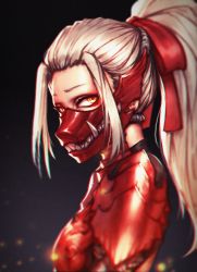 Rule 34 | 1girl, armor, breastplate, covered mouth, forehead, hair pulled back, hair ribbon, highres, jin grey paladin, long hair, looking at viewer, mask, monster hunter, monster hunter: world, monster hunter (series), odogaron (armor), pauldrons, plate armor, ponytail, portrait, red ribbon, ribbon, shoulder armor, silver hair, solo, yellow eyes