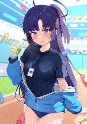 Rule 34 | 1girl, absurdres, blue archive, blue eyes, blue hair, blue shirt, blush, bottle, breasts, buruma, commentary request, cowboy shot, day, halo, hand up, highres, holding, holding bottle, holding paper, kuroliu 9021, long hair, long sleeves, looking at viewer, medium breasts, off shoulder, official alternate costume, open mouth, outdoors, paper, partially unzipped, ponytail, shirt, short sleeves, solo, standing, sweat, track and field, upper body, water bottle, yuuka (blue archive), yuuka (track) (blue archive)