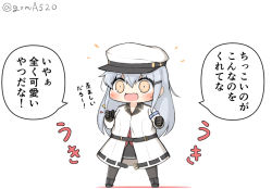 Rule 34 | 1girl, black footwear, black gloves, black pantyhose, black skirt, boots, chibi, commentary request, facial scar, full body, gangut (kancolle), gloves, goma (yoku yatta hou jane), grey hair, hat, jacket, kantai collection, long hair, open mouth, orange eyes, pantyhose, peaked cap, red shirt, scar, scar on cheek, scar on face, shirt, simple background, skirt, solo, standing, translation request, twitter username, wavy mouth, white background, white hat, white jacket