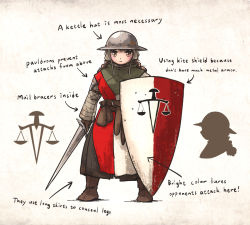 Rule 34 | 1girl, belt, braid, brown hair, emblem, gambeson, helmet, highres, holding, holding shield, holding sword, holding weapon, ironlily, kettle helm, long sleeves, looking at viewer, medieval, original, pouch, scabbard, sheath, shield, standing, sword, weapon
